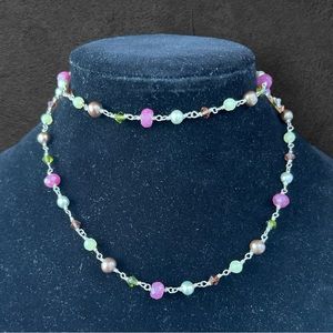 Signed 925 Silver Watermelon Tourmaline, Crystal & Pearl Necklace